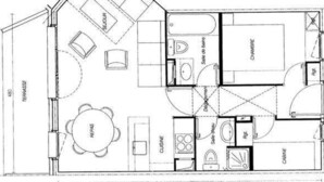 A floor plan of a house with a living room, kitchen, dining area, and bedrooms. - Spacious apartment with terrace, 2 bedrooms, pets allowed in Valmorel (Valmorel)