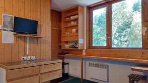 En stuga med träpanel på insidan, där en tv är monterad på väggen, ett inbyggt hyllsystem med porslin, ett fönster med utsikt över skogen och ett litet bord med en stol.