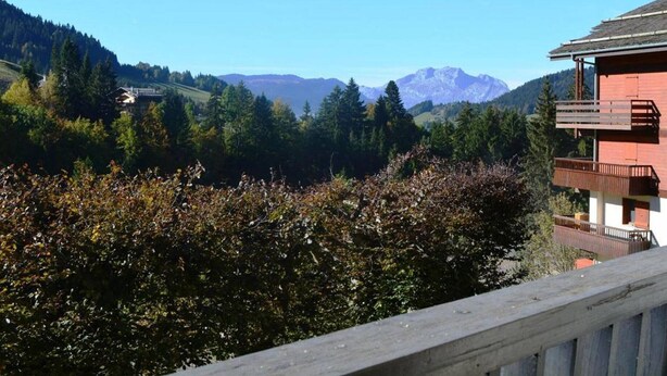 Une vue sur la montagne, avec un balcon en bois donnant sur une vallée boisée et des montagnes lointaines.