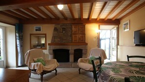 A cozy room with a fireplace, two armchairs, a bed with a tropical print bedspread, and a television on the wall. - Charming stone house with garden and wifi, near the sea (La Hague)