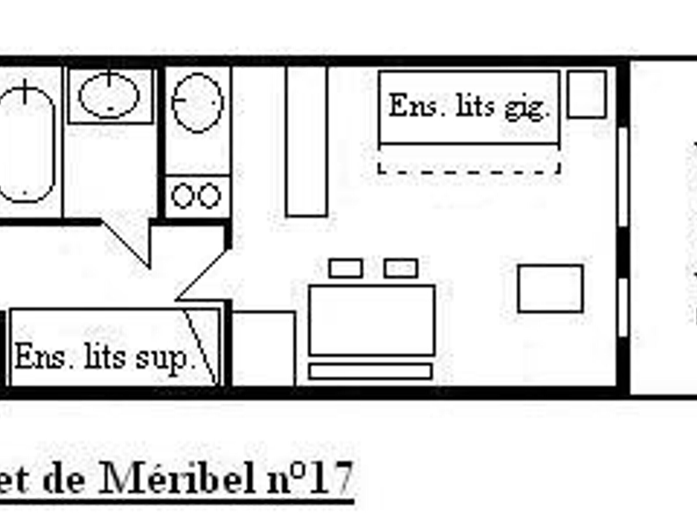 A hotel room layout with a bed, a desk, and a small kitchenette area.