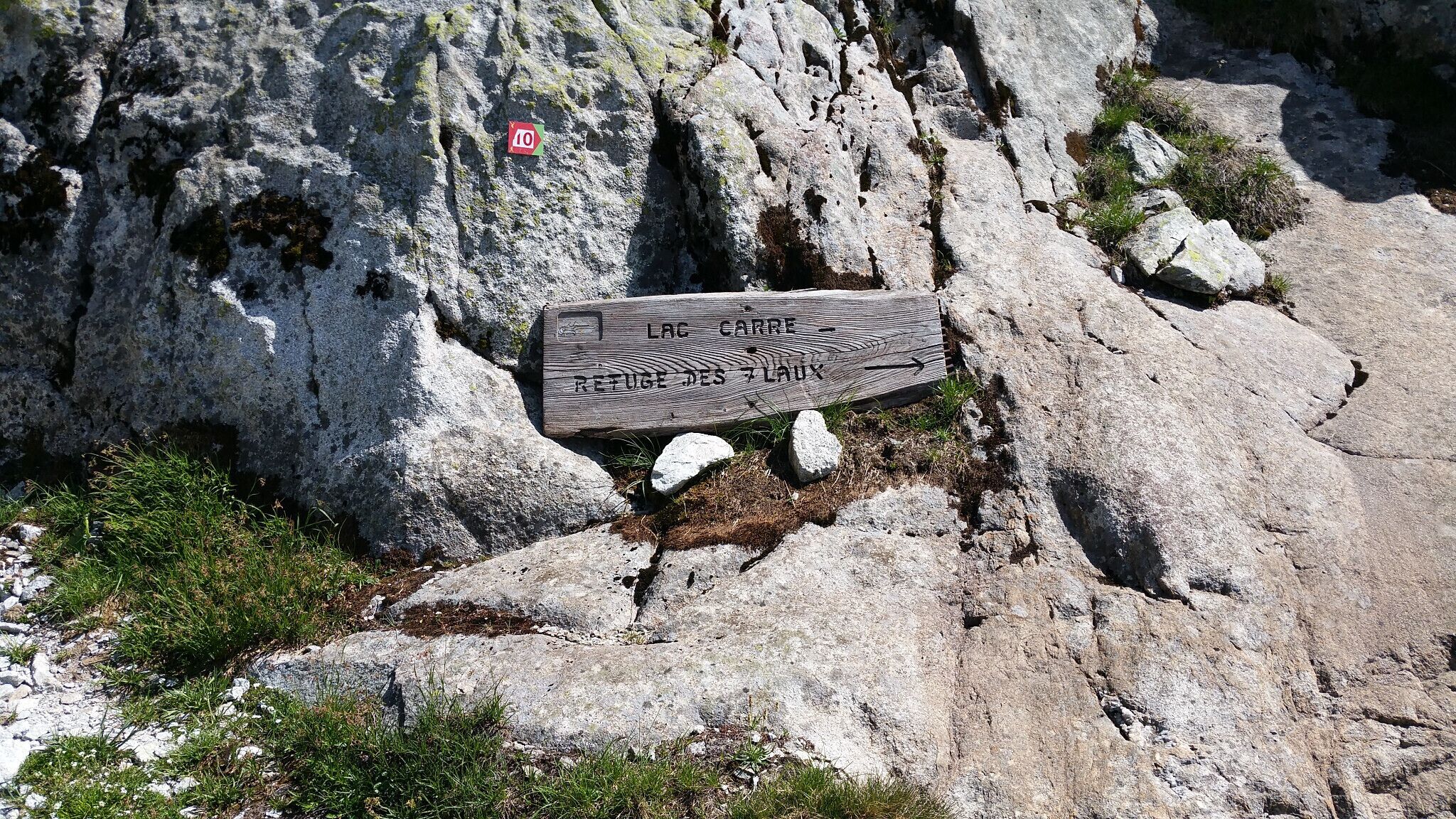 A wooden sign with text on a rocky surface, surrounded by grass and small rocks.