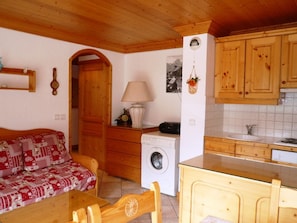 Fridge, stovetop, dishwasher, coffee/tea maker