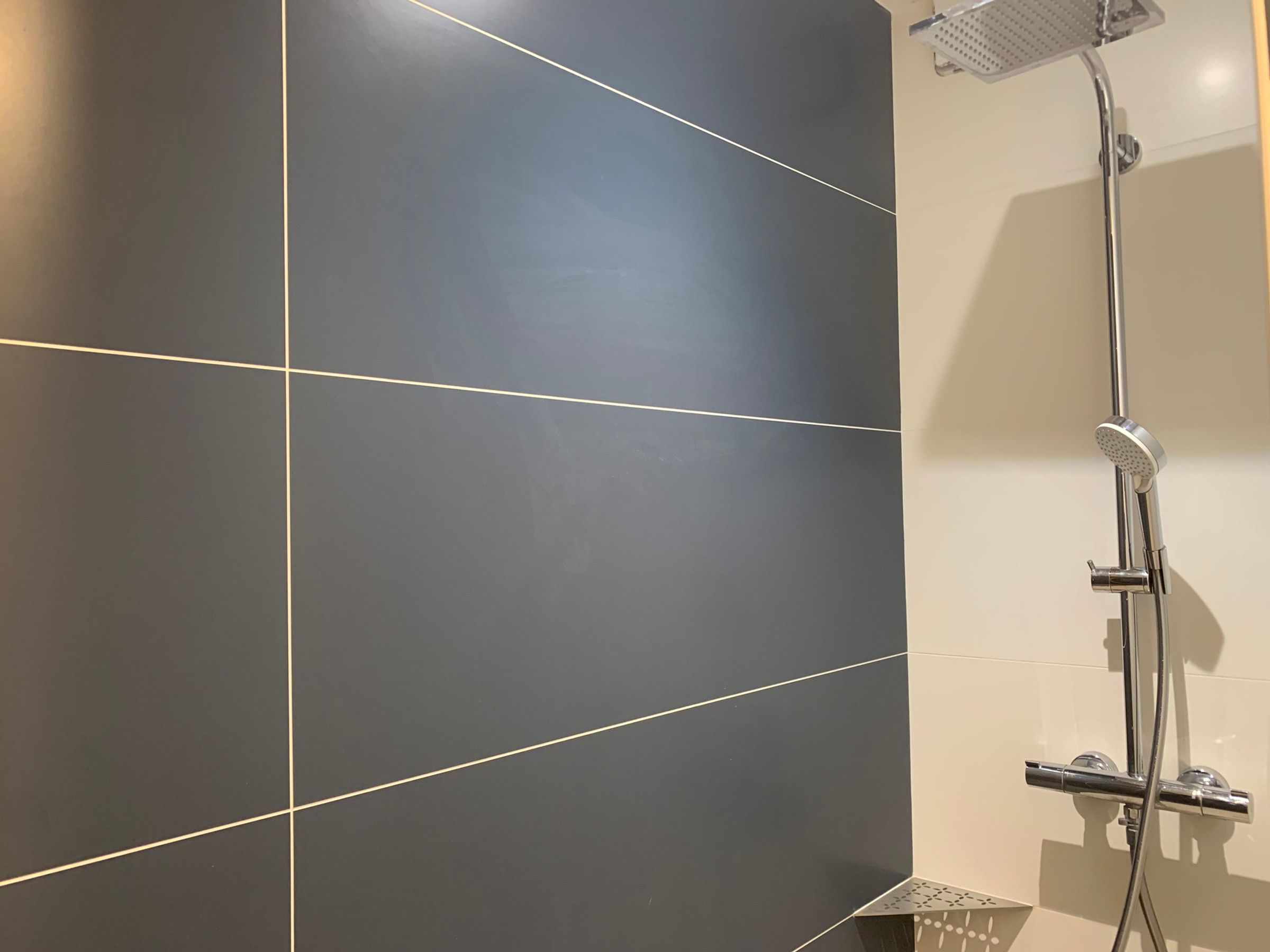 Une douche équipée d’un pommeau de douche à main et d’un panneau de commande fixé au mur.
