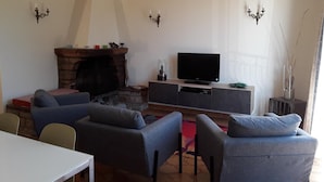 Una sala de estar con chimenea, un televisor de pantalla plana y dos sofás.