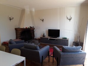 Een woonkamer met een open haard, een flatscreen televisie en twee banken.