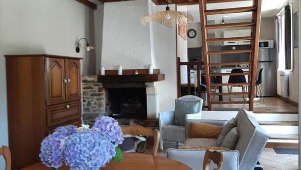Un salon chaleureux avec une cheminée, des meubles en bois et un coin repas.