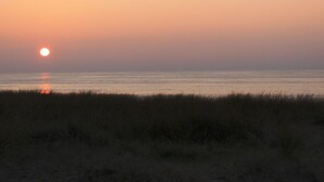 Un coucher de soleil sur une mer calme, avec un paysage verdoyant au premier plan.