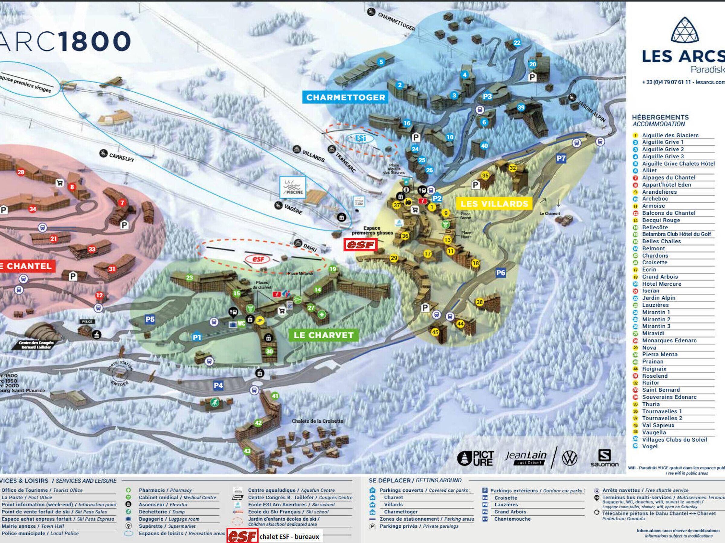 A ski resort map with marked locations, amenities, and facilities.