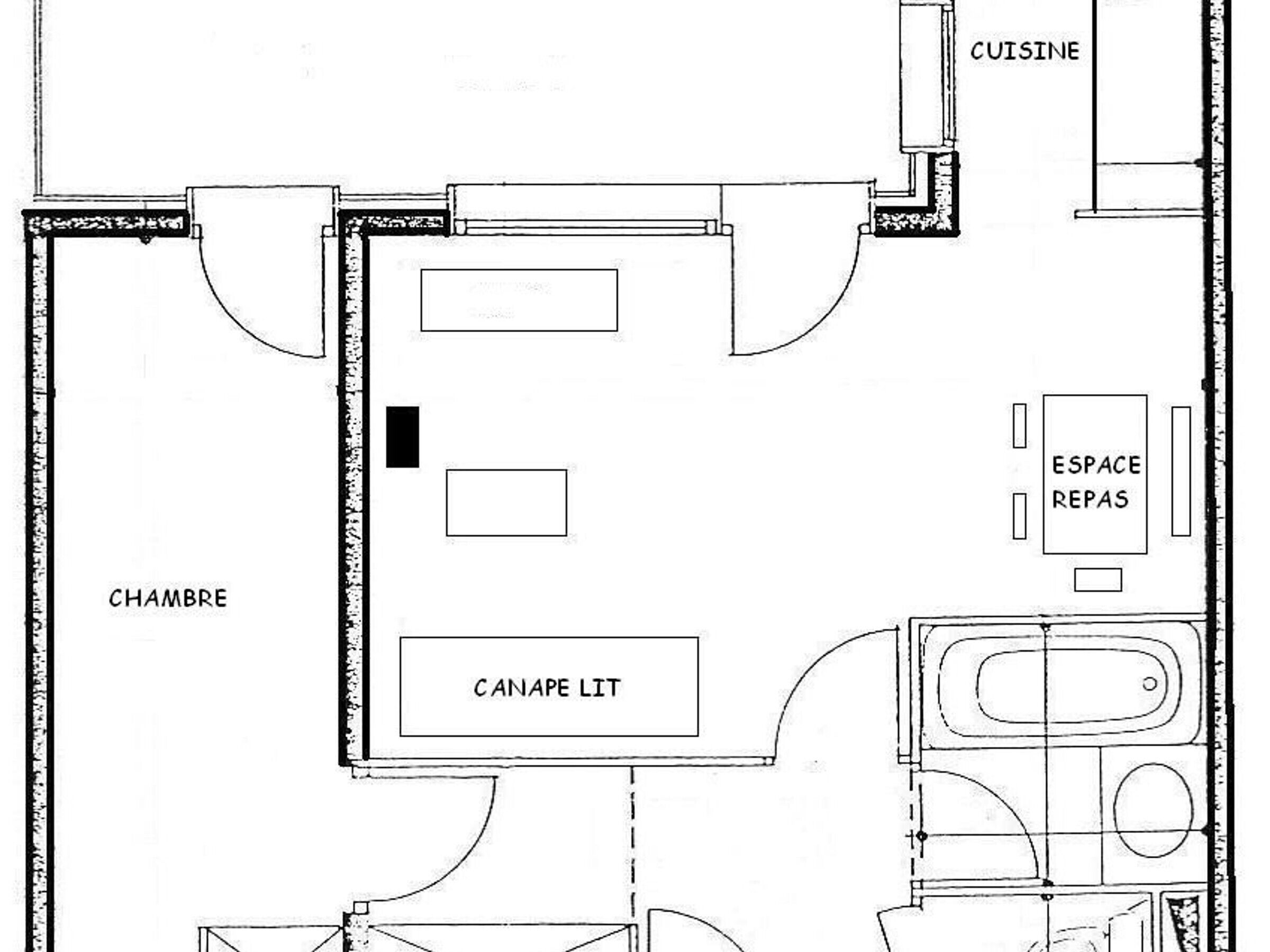 A floor plan of a hotel room with a kitchen, dining area, and a bathroom.