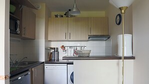 Une cuisine compacte avec des meubles de rangement en bois, un lave-vaisselle, un lave-linge et un évier.