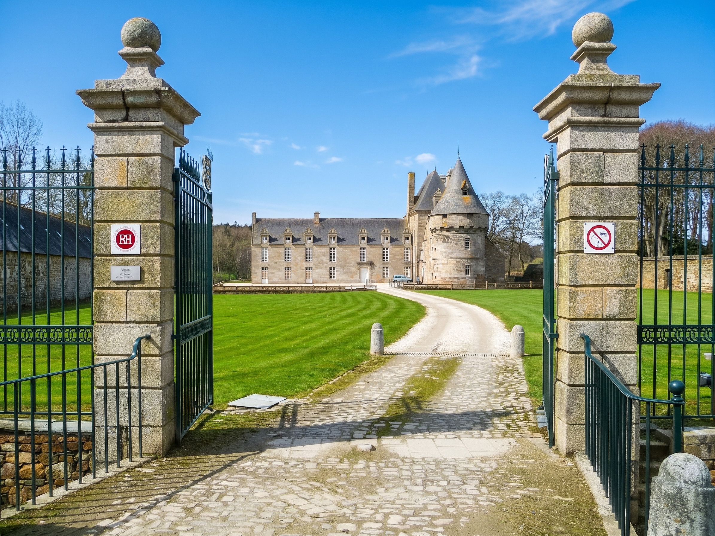 Un bâtiment historique doté d’une entrée pavée et d’une pelouse verdoyante.
