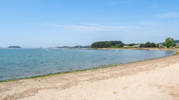 Een zandstrand met kalm water, een heldere lucht en landschappen in de verte.