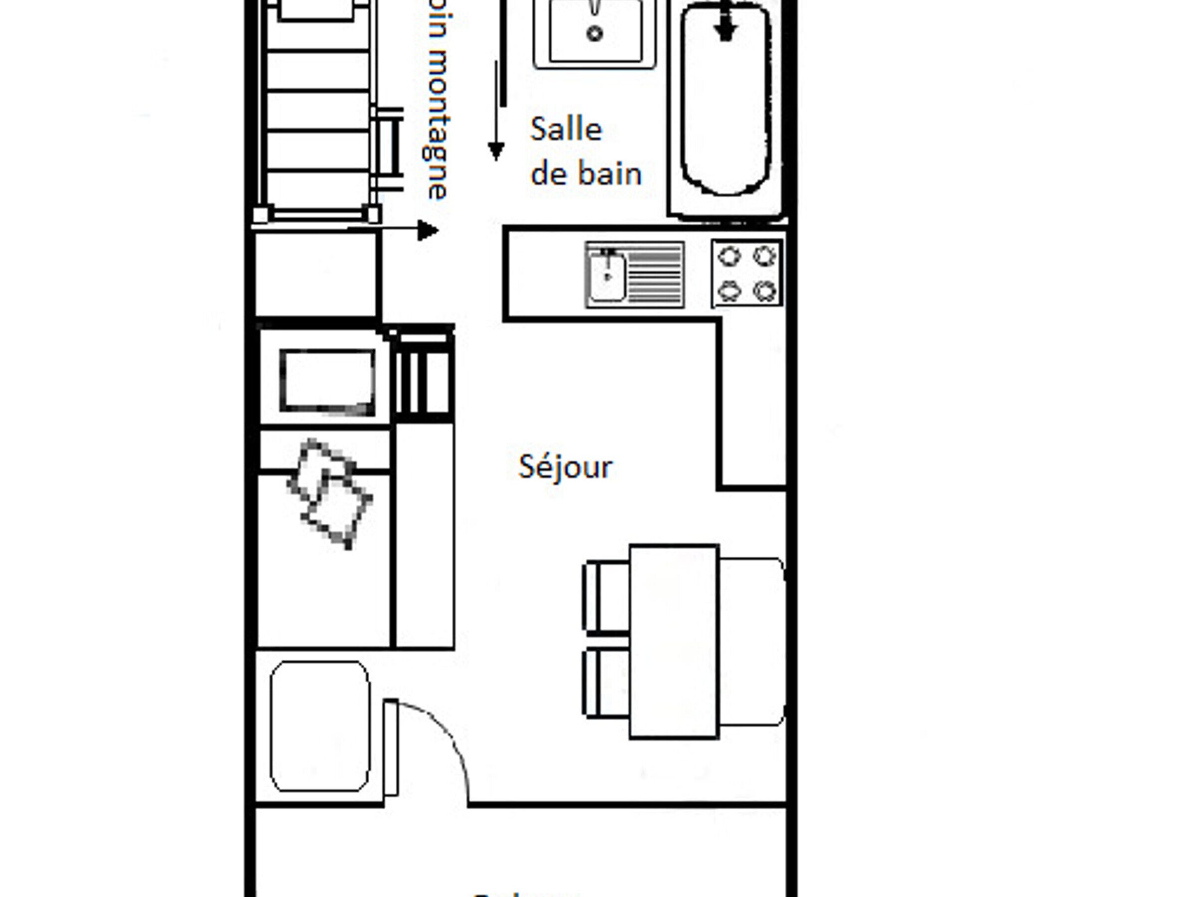A floor plan of a hotel room with a bathroom, a kitchenette, and a seating area.