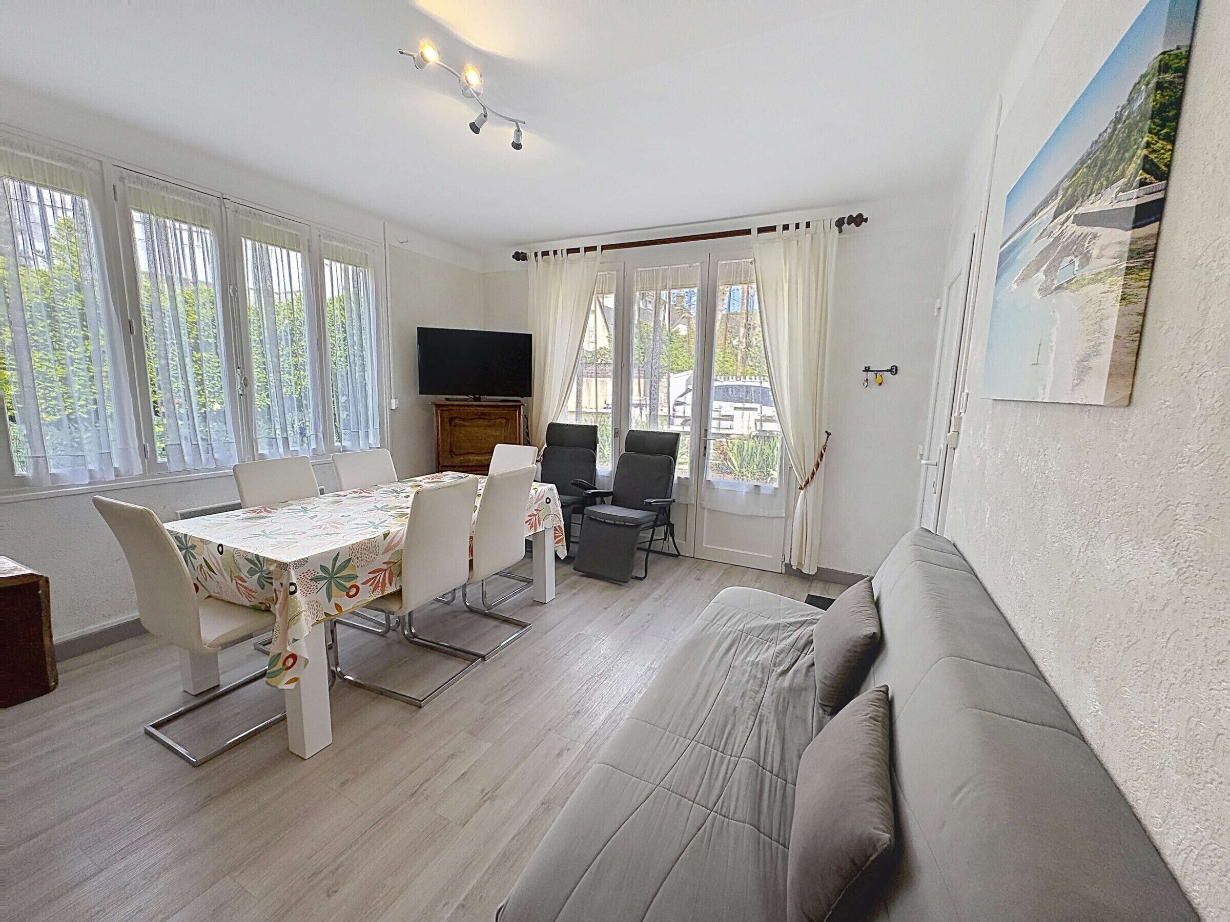A room with a dining table, chairs, a sofa, a TV, and large windows.