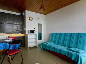 A compact living space with a kitchenette, a dining area, and a sofa.