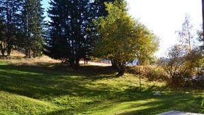 A wooden deck with a grassy area and trees in the background. - Studio for 5, ski-in/ski-out, pets allowed, Arcs 1800 (Les Arcs 1800)