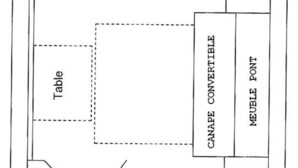 Plano de planta con una mesa, sofá cama y mueble auxiliar.