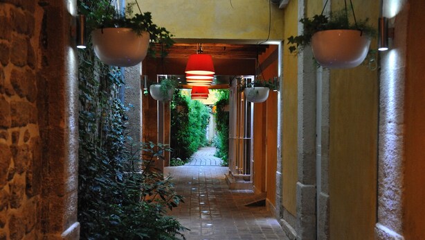 A narrow corridor with stone walls, hanging planters with greenery, and a red light fixture. - E3GG Travel the world (Paris)