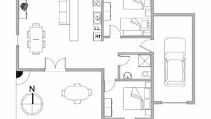 A floor plan with a dining area, kitchen, two bedrooms, a bathroom, and a parking space. - Gîte au milieu des Vignes G286 (Vidauban)