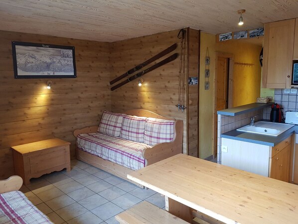 A cozy cabin with a wooden interior, a bed with plaid bedding, a small kitchenette, and a ski rack.