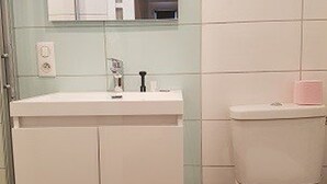A bathroom with a white sink, a mirror, and a toilet.