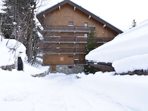 Un chalet en bois doté de plusieurs balcons, entouré d’un paysage enneigé et d’arbres.
