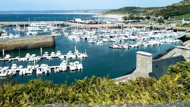 A marina with numerous boats docked, surrounded by greenery and hills.