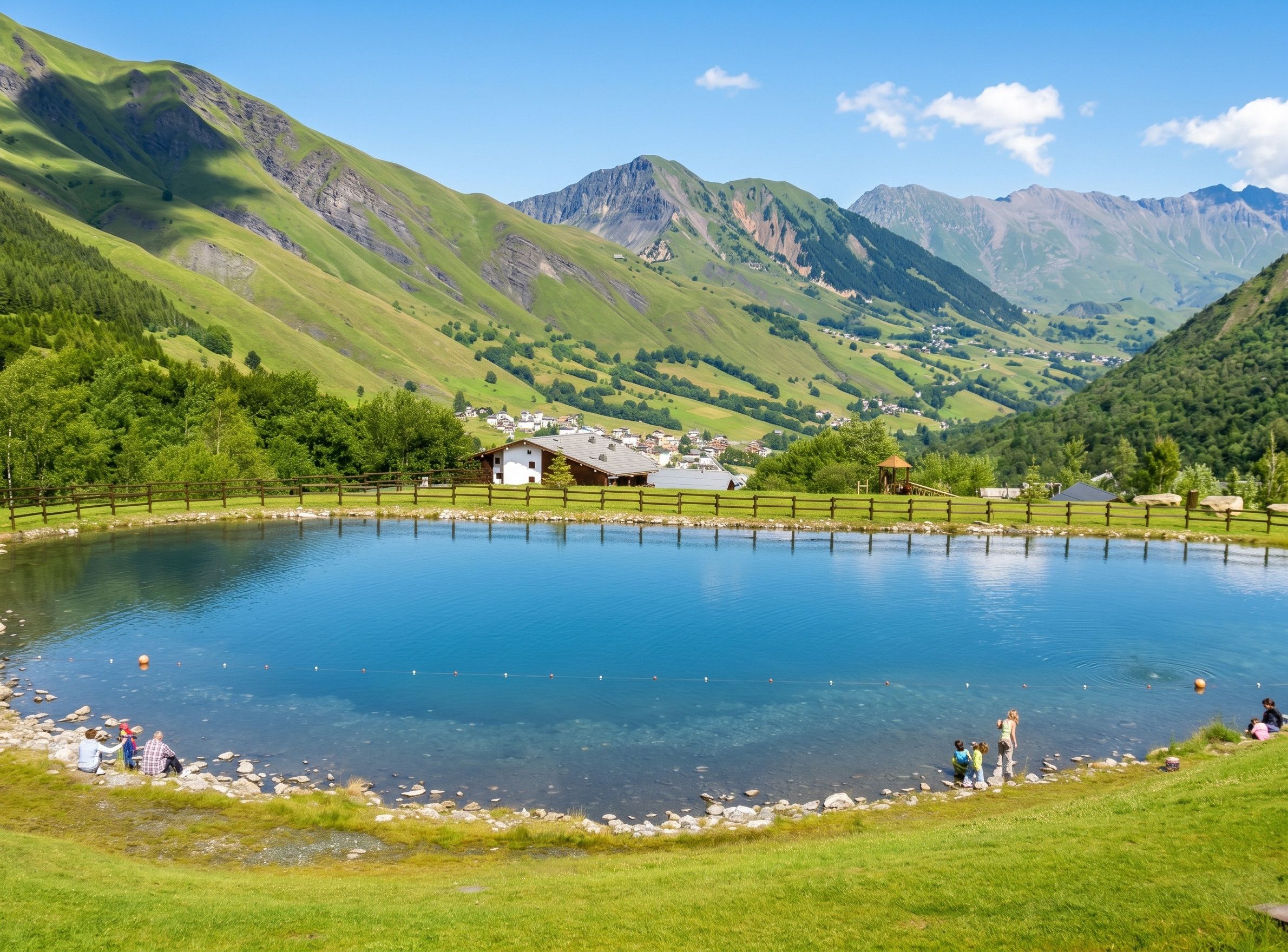 Ein ruhiger See, umgeben von üppigen grünen Hügeln und Bergen.
