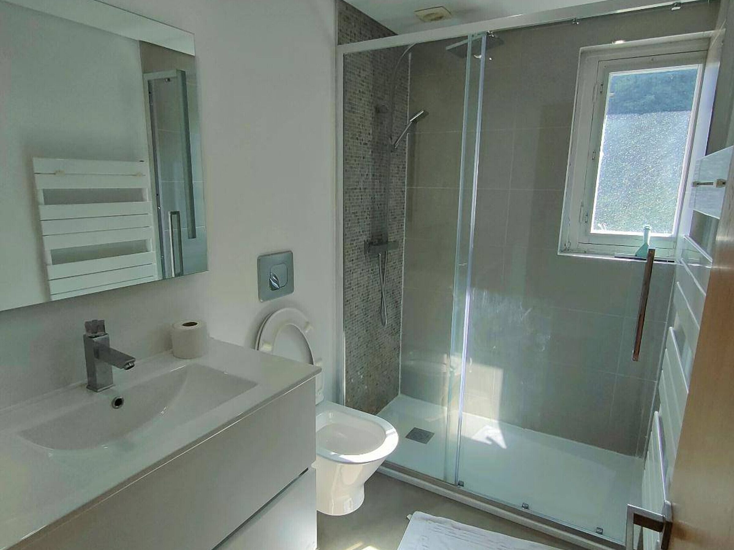 A modern bathroom with a glass-enclosed shower, a sink, and a toilet.