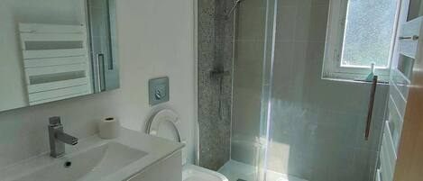A modern bathroom with a glass-enclosed shower, a sink, and a toilet.