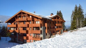 A wooden chalet with multiple balconies and a stone foundation, surrounded by snow and trees. - D002 - 60 m2 - 3P+cab - 6/8 pers (Prapoutel)