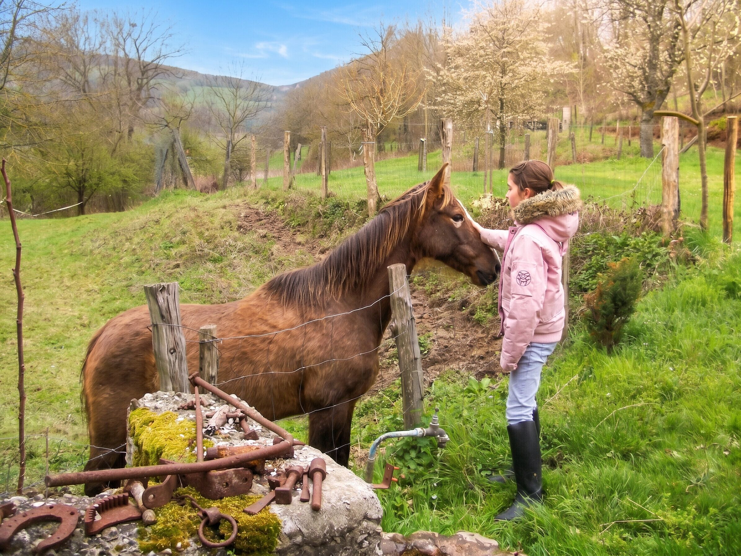 Una persona interactuando con un caballo cerca de una valla rústica y herramientas metálicas antiguas.
