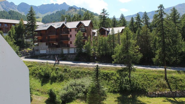 A mountain lodge with multiple buildings, a paved road, and a forested area.