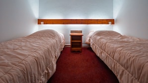 Une chambre avec deux lits, une tête de lit en bois, une petite table de chevet en bois et un luminaire fixé au mur.