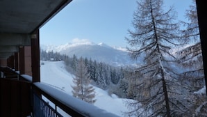 Une vue depuis un balcon donnant sur un paysage montagneux enneigé, avec des arbres et un ciel dégagé.