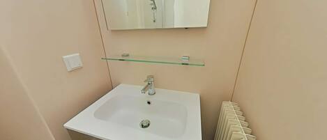 A bathroom with a white sink, a glass shelf above it, and a mirror reflecting a shower.