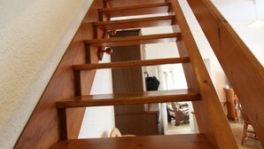 A wooden staircase with a handrail, leading to an upper floor.