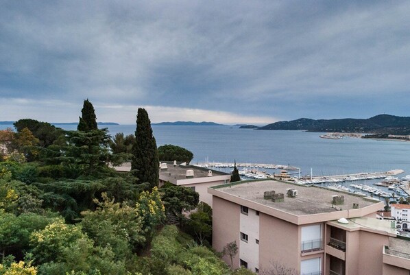 Vista costera con edificios, árboles y un puerto deportivo.