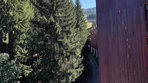 Un bâtiment à l’extérieur rouge, entouré d’une forêt dense de conifères.