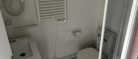 A compact bathroom with a toilet, a sink, and a shower.