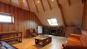 Télévision, cheminée, table de tennis de table