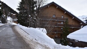 A wooden building with a sloped roof, likely a chalet or lodge, surrounded by snow-covered trees and a snow-covered road. - Central ski-in apartment - 5 guests (Méribel)