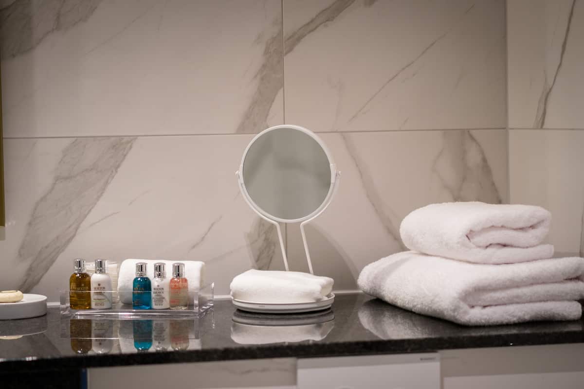 shower, rainfall showerhead, free toiletries, hair dryer