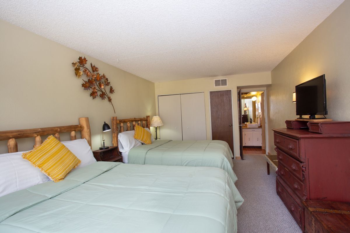 A hotel room with two beds, a wooden headboard, a television, a dresser, and a mirror.