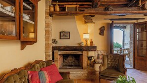 Un salon rustique avec une cheminée, des meubles en bois et une vue dégagée sur l’extérieur grâce à une porte ouverte.
