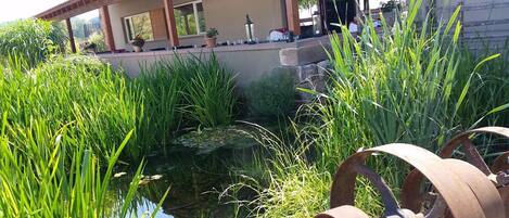 A garden with a pond, surrounded by tall grasses and a rustic metal sculpture.