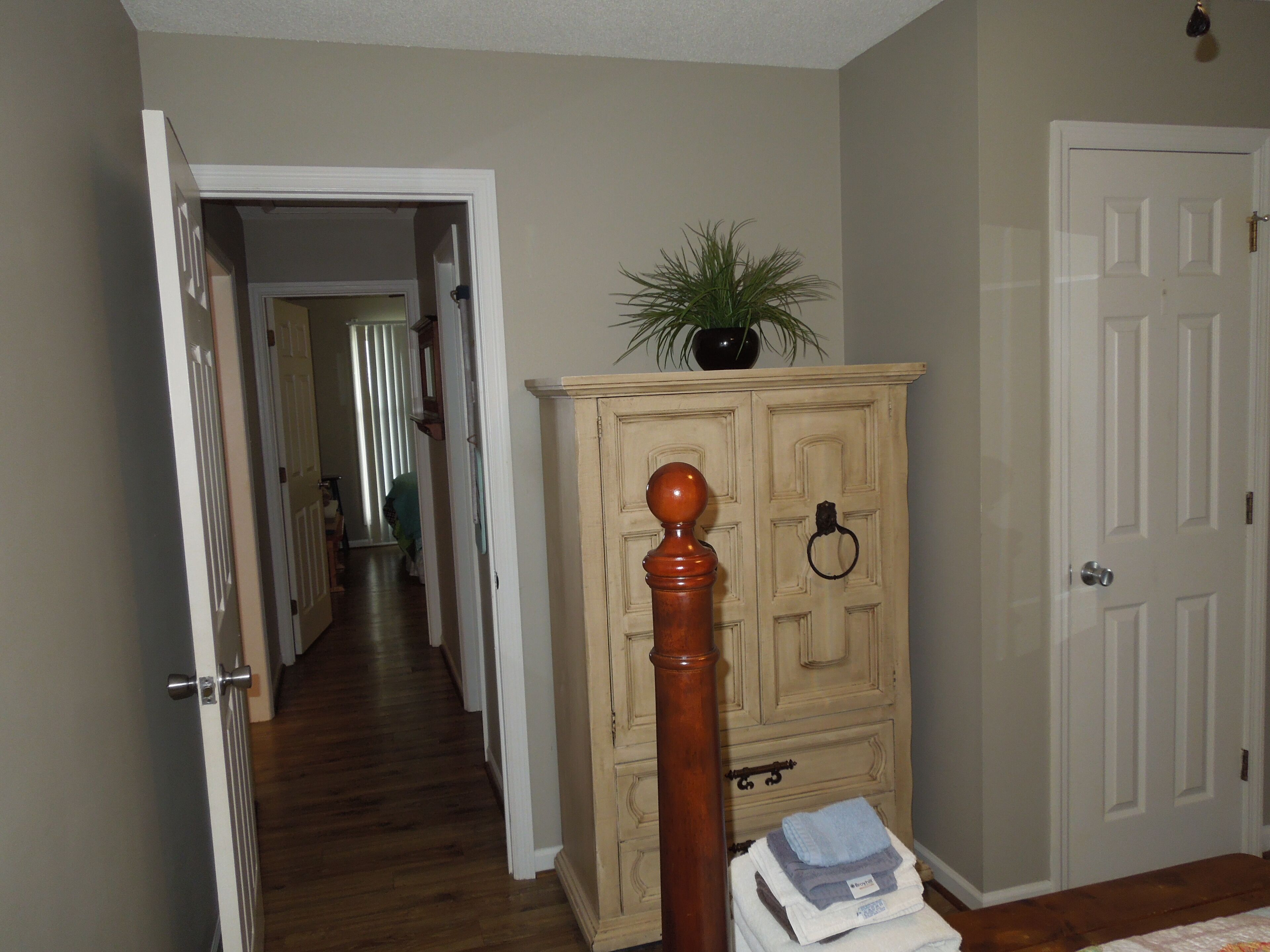 A hallway with a wooden cabinet, a plant on top, and a door on the right.