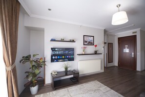 A living room with a flat-screen TV, a potted plant, a small table with a telephone, and a radiator.
