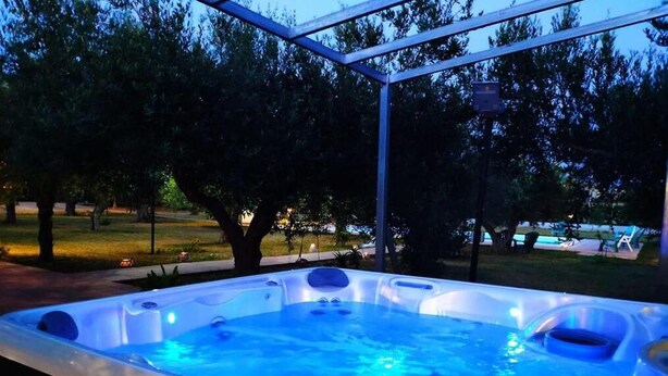 Un jacuzzi con estructura metálica y vista a un parque con árboles y una piscina al fondo.